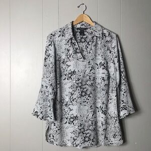 INVESTMENTS BLACK FLORAL PATTERN COLLARED V NECK TUNIC 3/4 SLEEVE WOMENS SIZE 1X